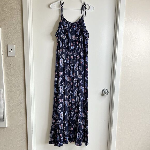 Westport Blue Paisley Feather Maxi Dress Sz L Ruffled Straps Flowy Boho - Picture 1 of 7